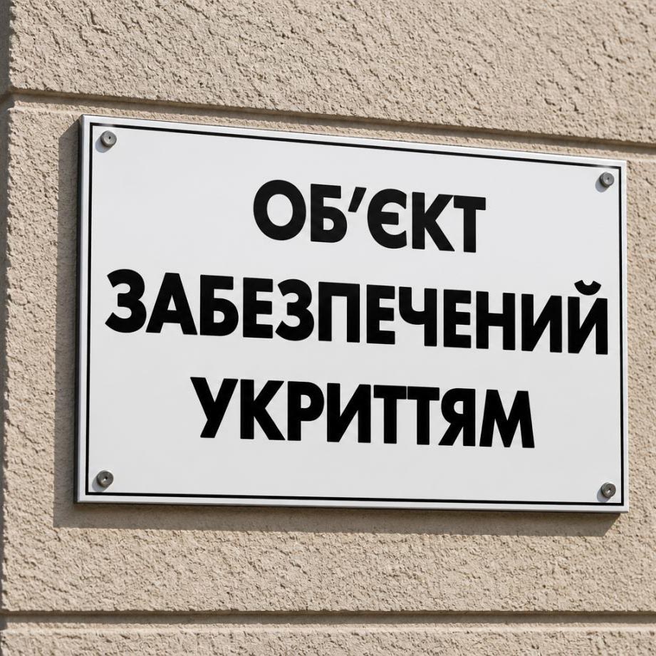 Табличка «Об’єкт забезпечений укриттям» 100×60 см - Країна стендів - kraina-stendiv.com.ua Табличка «Об’єкт забезпечений укриттям» 100×60 см